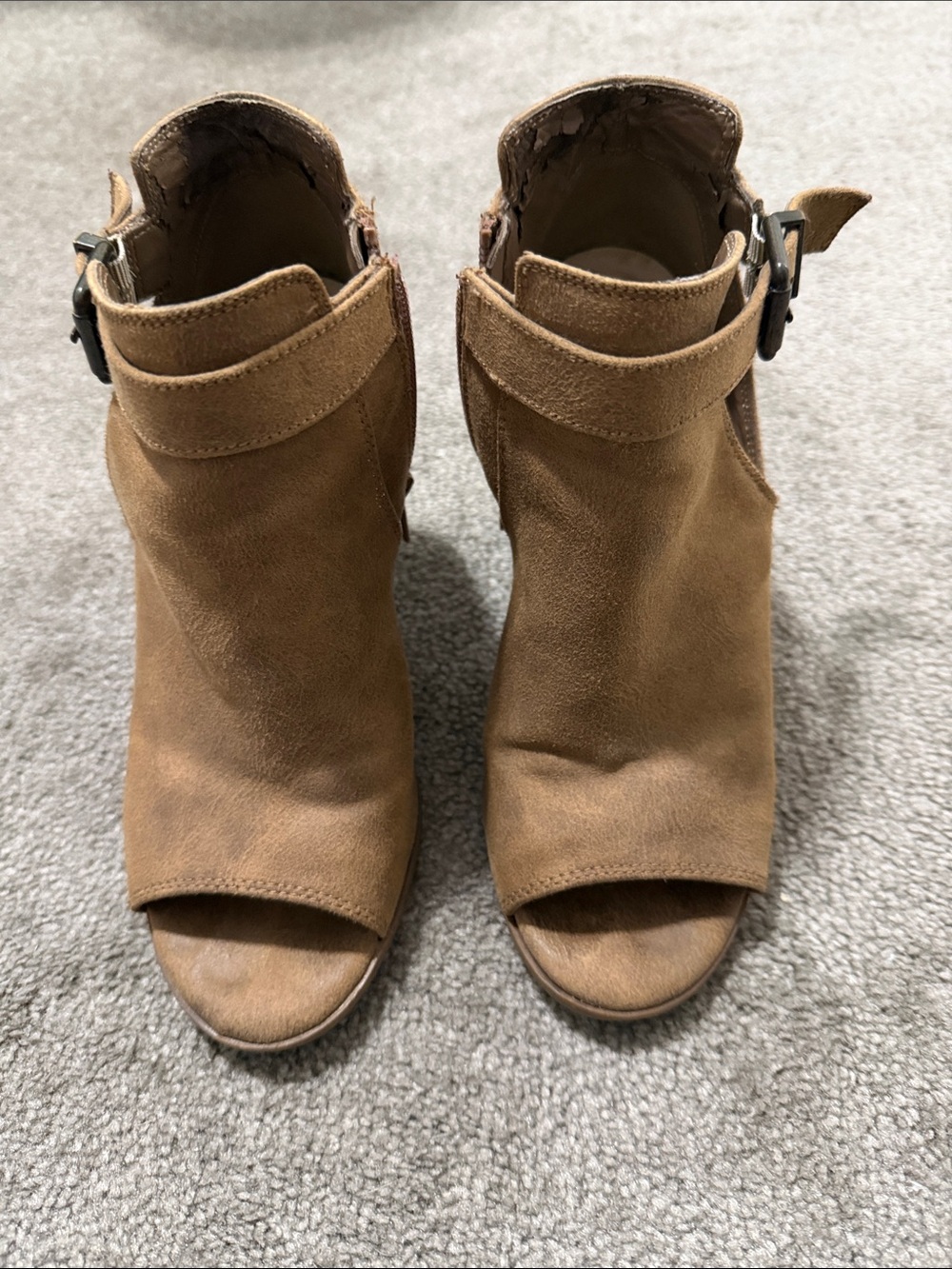 Fergalicious Tan Suede Open-Toe Ankle Booties